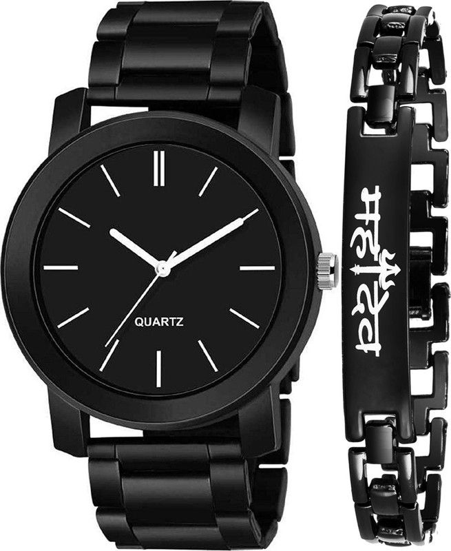 Analog Watch - For Boys KJR_32+033 NEW STYLISH DIAL- STAINLESS STEEL STRAP WATCH & BLACK FANCY BRACELET COMBO SET FOR MEN