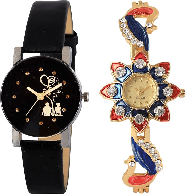 combo watch Analog Watch - For Girls Latest Unique Love Valentine Couple And Peacock Analogue Black And Gold Color Girls And Women Watch - G389-G118 (Combo Of 2 )