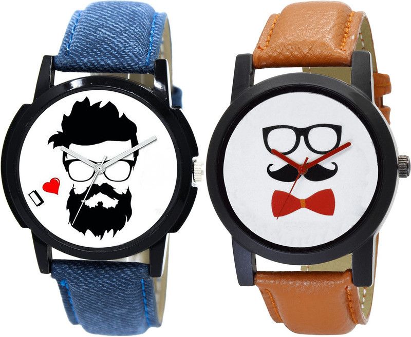 combo watch Analog Watch - For Men & Women Contemporary Unique Beard Style Analogue Blue And Brown Color Boys And Men Watch - B12-B53 (Combo Of 2 )