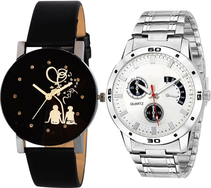 combo watch Analog Watch - For Girls Classical Exclusive Couple Love Analogue Black And Silver Color Boys And Men Watch - B138-B85 (Combo Of 2 )