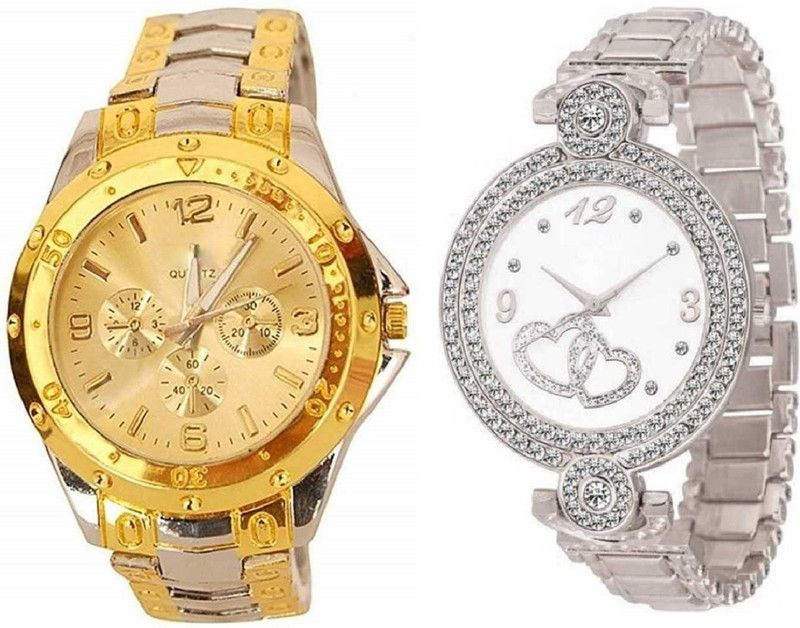 Analog Watch - For Couple Premium Quality Designer Fashion Chain 2 Hearts Diamonds Engraved