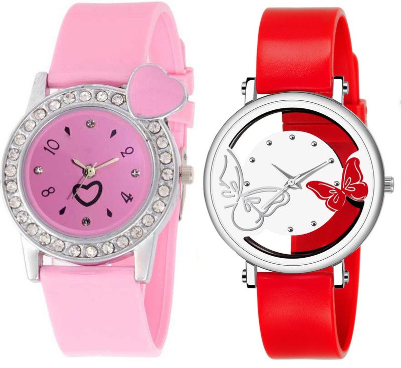 Analog Watch - For Girls New Arrival White Color Dual Batterfly With Pink Color Single Heart Small Combo