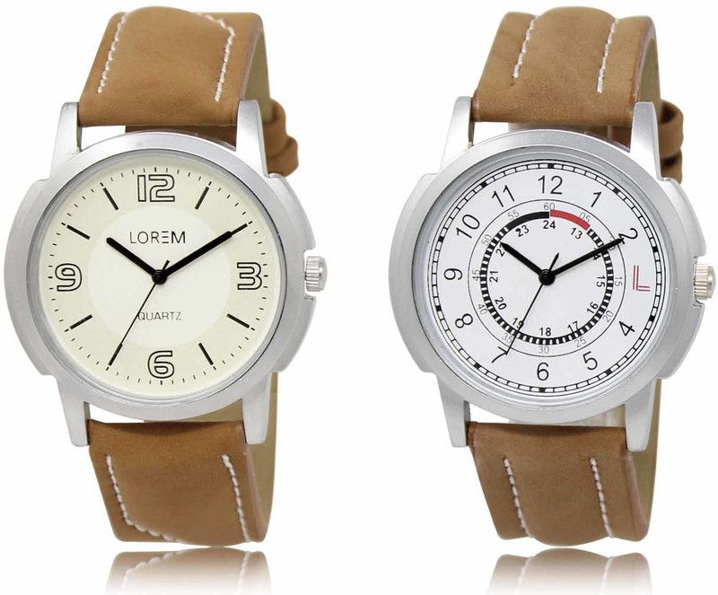 Set Of 2 Casual Round Synthetic Leather Analog Watch - For Men OB-LR16-LR17