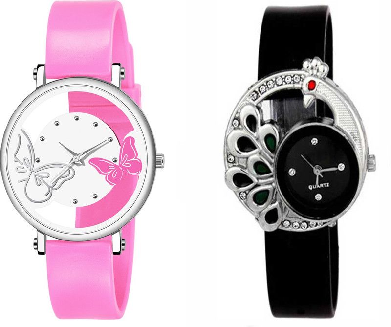 Analog Watch - For Women New Designer Dual White And Blue Color Dual Batterfly And Mor Desing Black Color Dial Combo Watch