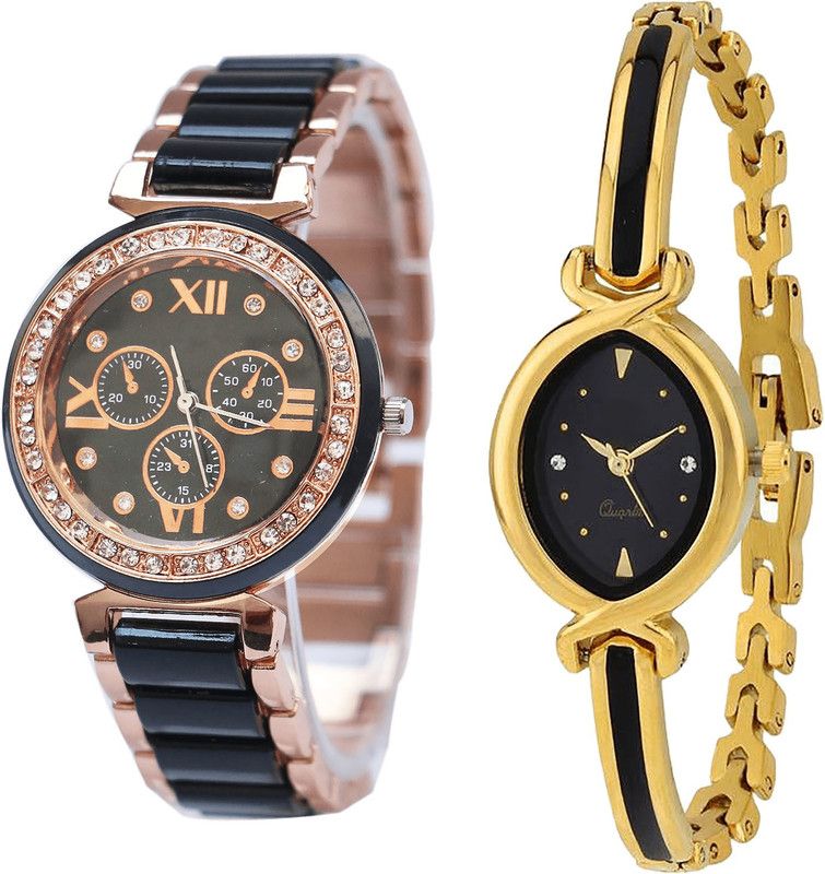 combo watch Analog Watch - For Girls New Collegian Analogue Black And Gold Color Girls And Women Watch - G209-G121 (Combo Of 2 )
