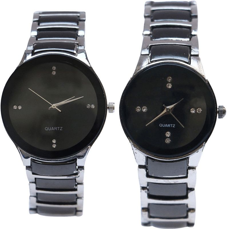 combo watch Analog Watch - For Girls Luxury Valentine'S Day Couple Analogue Black And Silver Color Boys And Girls Watch - B68-G207 (Combo Of 2 )