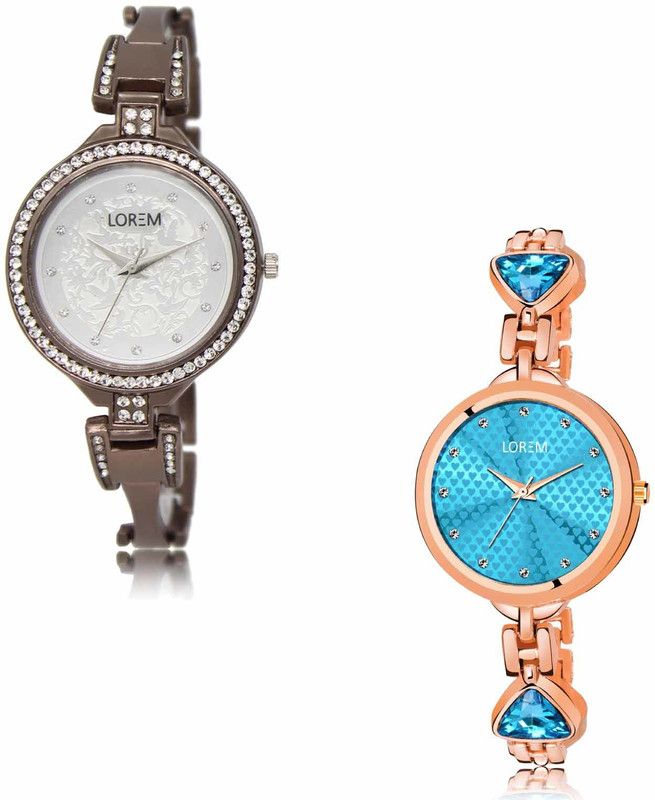 Analog Watch - For Women LR236-LR281 Silver-Blue Fancy-Diamonds Studded Combo of 2