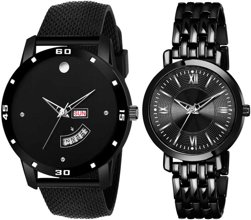 Analog Watch - For Couple SC20906|Couple Combo Pack of 2 Date and Day Unique Design Black Color