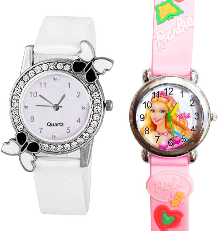 combo watch Analog Watch - For Girls Classical Love Butterfly And Barbie Doll Analogue White And Pink Color Girls And Women Watch - G102-G7 (Combo Of 2 )