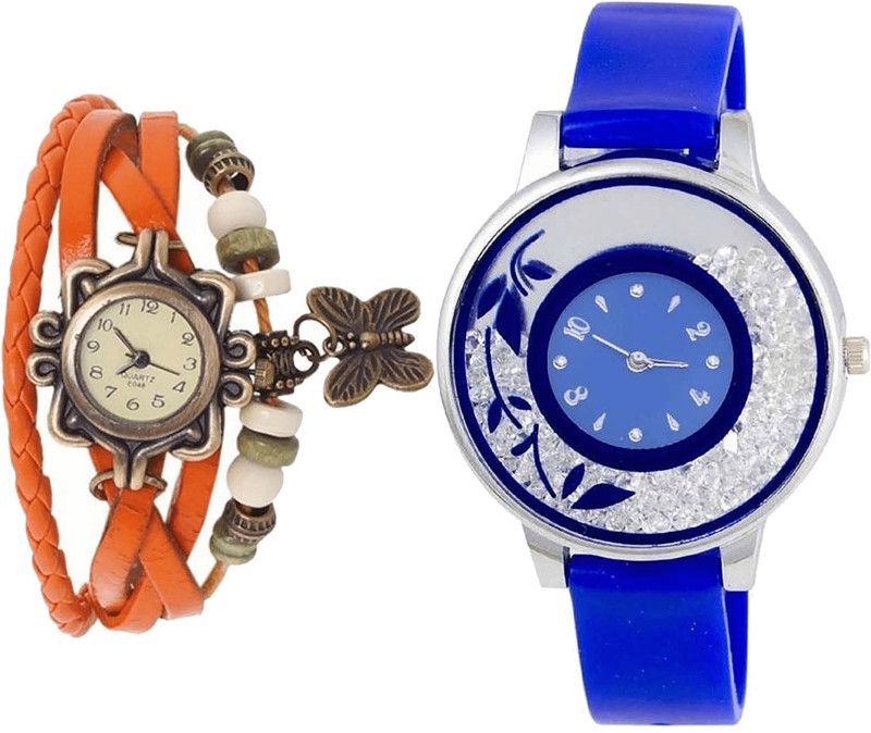 combo watch Analog Watch - For Girls Contemporary Designer Butterfly And Flower Analogue Orange And Blue Color Girls And Women Watch - G62-G87 (Combo Of 2 )