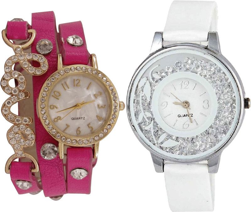 combo watch Analog Watch - For Girls Classical Tread Love Valentine And Flower Analogue Pink And White Color Girls And Women Watch - G204-G90 (Combo Of 2 )
