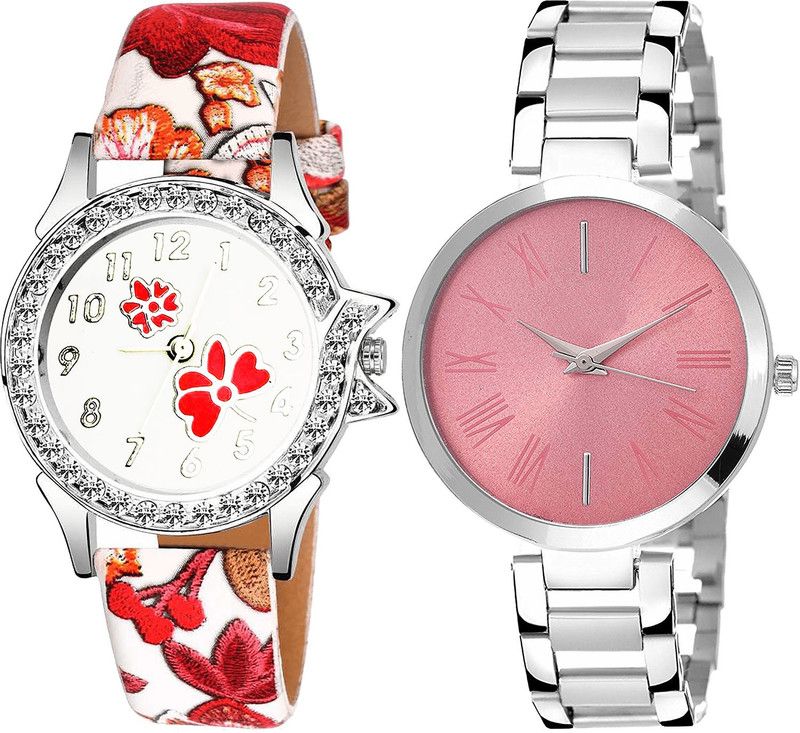 combo watch Analog Watch - For Girls Treading Style Flower Dimond Analogue Red And Silver Color Girls And Women Watch - G409-G301 (Combo of 2 )