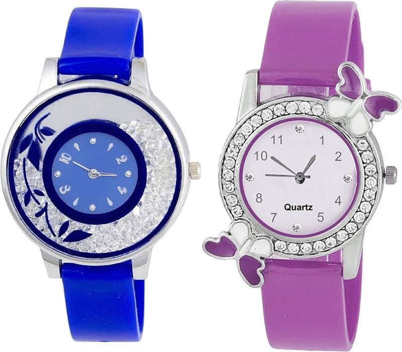 combo watch Analog Watch - For Girls Best Designer Flower And Butterfly Analogue Blue And Purple Color Girls And Women Watch - G87-G100 (Combo Of 2 )