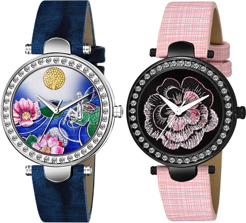 New Combo Attractive Lotus Flower Design Dial & Genuine Leather Strap Analog Watch - For Girls MT301305