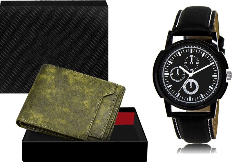 Combo Of Green Color Artificial Leather Wallet & Analog Watch - For Men WL16-LR13