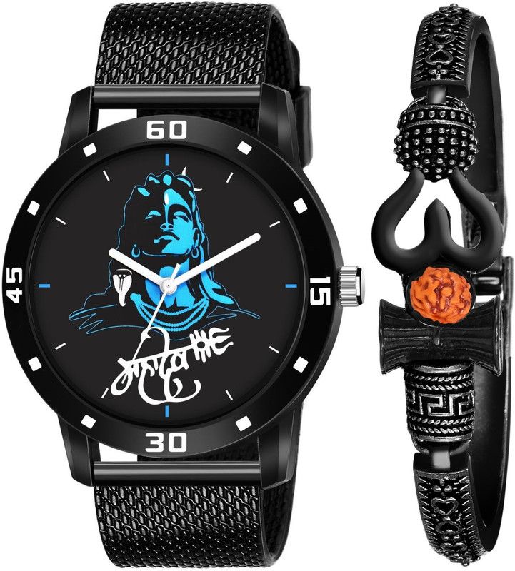 Metal Om Kada Mahadev Dial Analog Black Rubbers Strap Bracelet Combo For Boy Analog Watch - For Men JEW-52-KJR-583