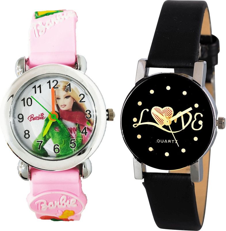 combo watch Analog Watch - For Girls New Love Barbie Doll And Love Valentine Analogue Pink And Black Color Girls And Women Watch - G324-G390 (Combo of 2 )