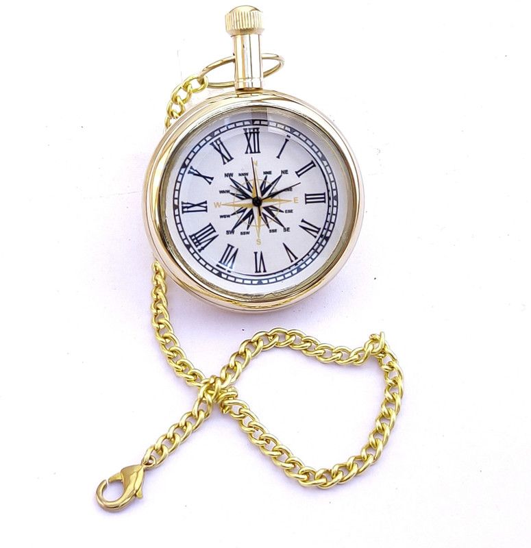 k.v handicrafts Replica Antique Compass Dial - Indian Look Gandhi Watch / Pocket Watch with Long Chain By- K V Handicraft KVH-0093 Brass Finish Brass Pocket Watch Chain