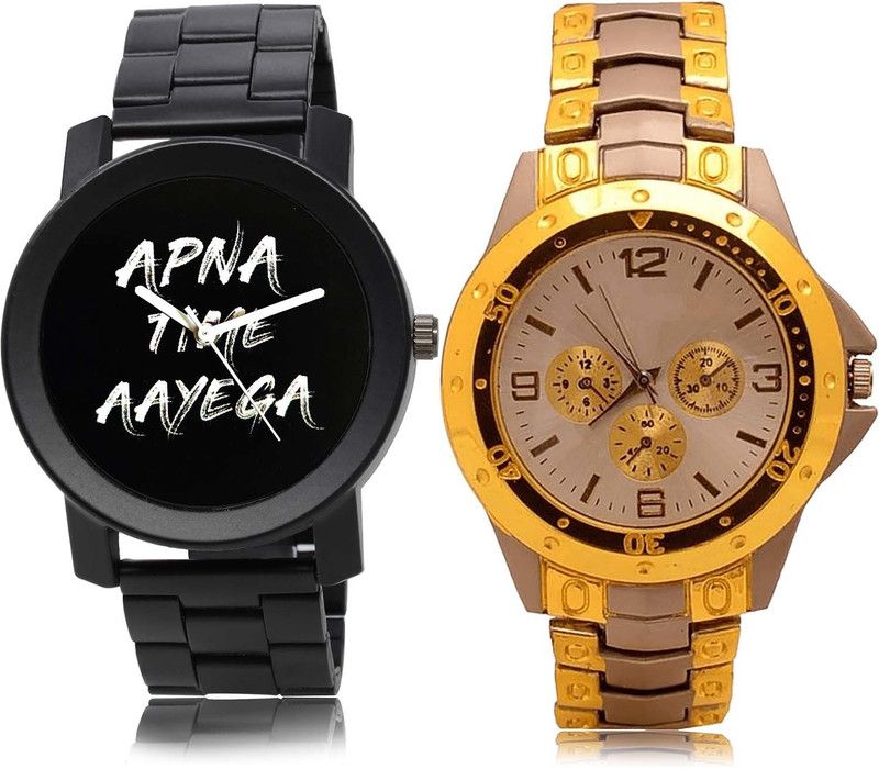 combo watch Analog Watch - For Boys Best Chronograph Apna Time Aayega Chain Watch And Chain Black And Silver Color Boys And Men Watch - B415-B74 (Combo Of 2)