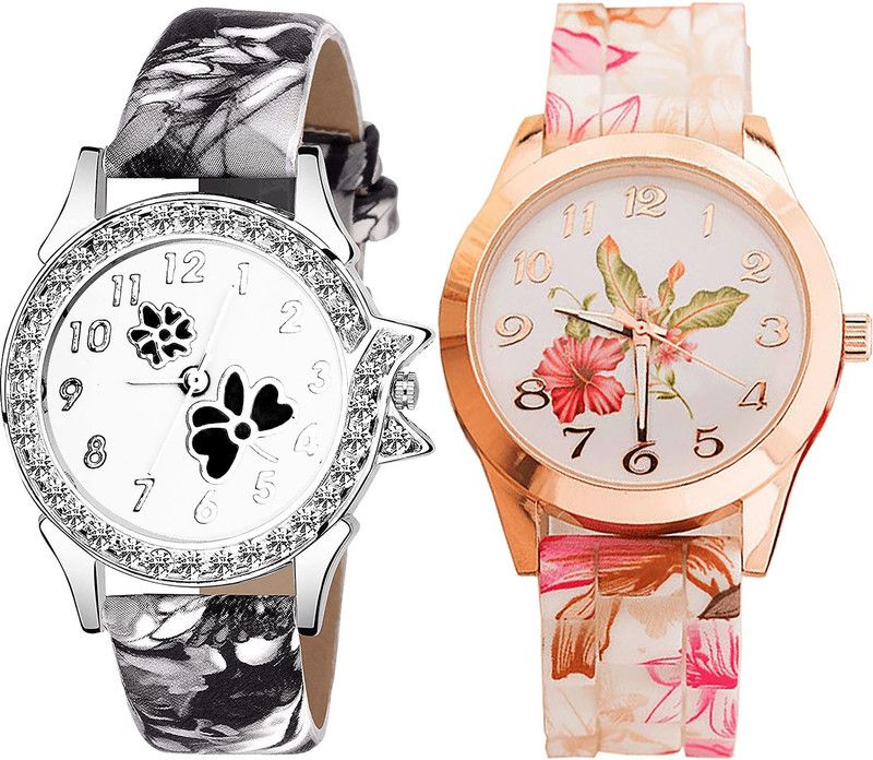 combo watch Analog Watch - For Girls New High Quality Flower Dimond And Flower Analogue Black And White Color Girls And Women Watch - G408-G305 (Combo of 2 )