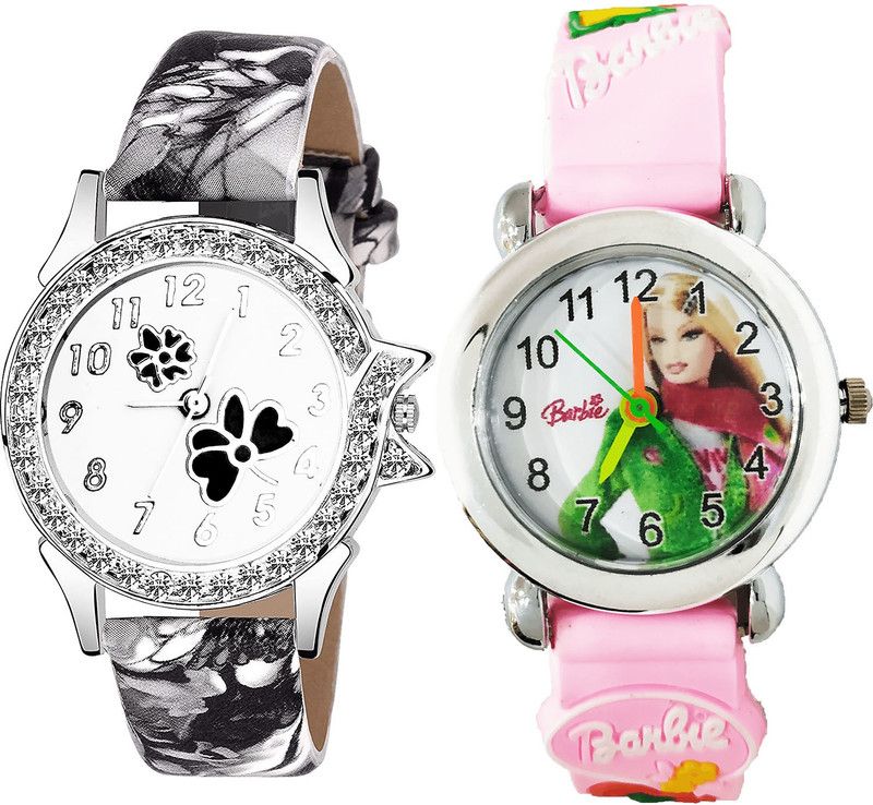 combo watch Analog Watch - For Girls Latest Style Flower Dimond And Barbie Doll Analogue Black And Pink Color Girls And Women Watch - G408-G324 (Combo of 2 )