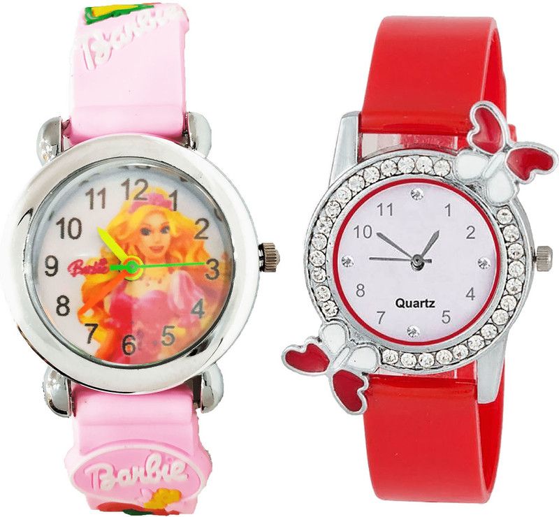 combo watch Analog Watch - For Girls Contemporary Rich Barbie Doll And Butterfly Analogue Pink And Red Color Girls And Women Watch - G320-G101 (Combo of 2 )