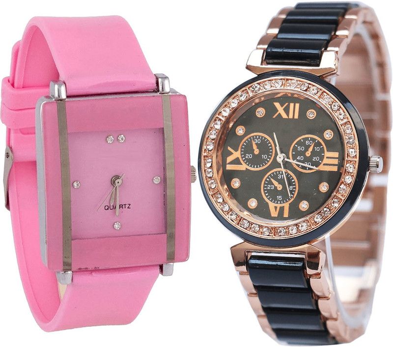 combo watch Analog Watch - For Girls New Luxury Analogue Pink And Black Color Girls And Women Watch - G14-G209 (Combo Of 2 )