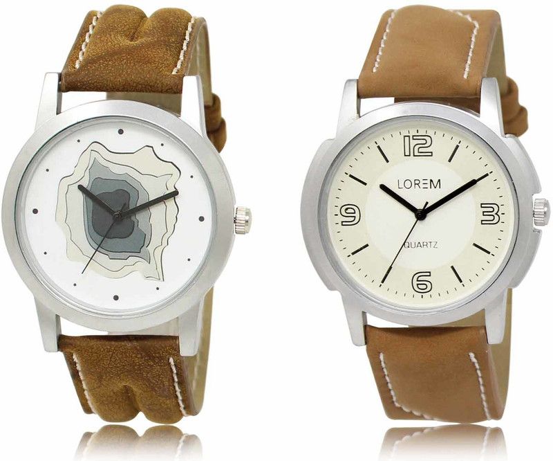 Set Of 2 Casual Round Synthetic Leather Analog Watch - For Men OB-LR09-LR16