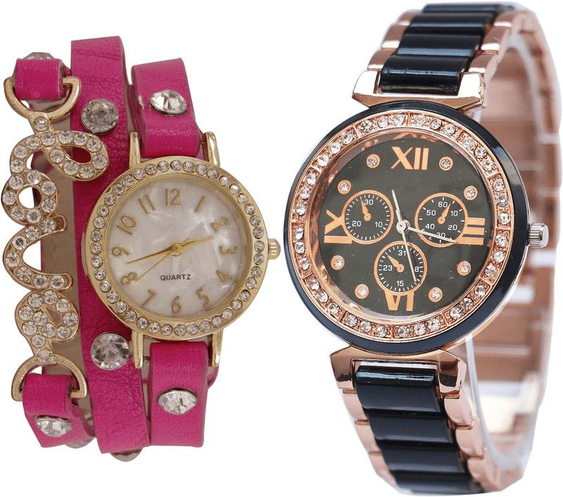 combo watch Analog Watch - For Girls Treading Rich Love Valentine Analogue Pink And Black Color Girls And Women Watch - G204-G209 (Combo Of 2 )