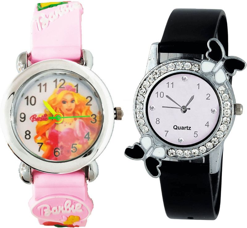 combo watch Analog Watch - For Girls Contemporary Fashion Barbie Doll And Butterfly Analogue Pink And Black Color Girls And Women Watch - G320-G97 (Combo of 2 )