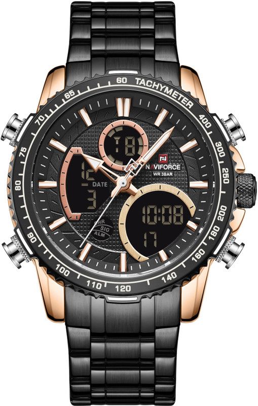 LED Display Full Black NF 9182 Analog-Digital Watch - For Men black-