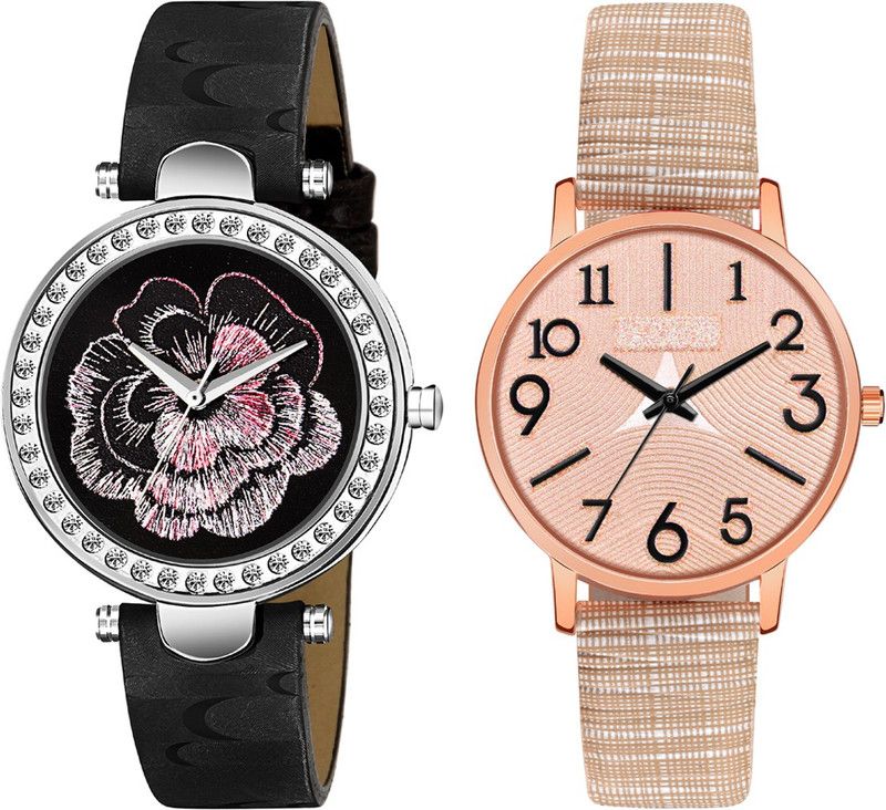 Unique Flower Design And Numeric Letter Dial With Genuine Leather Strap Pack Of 2 Analog Watch - For Girls MT349302