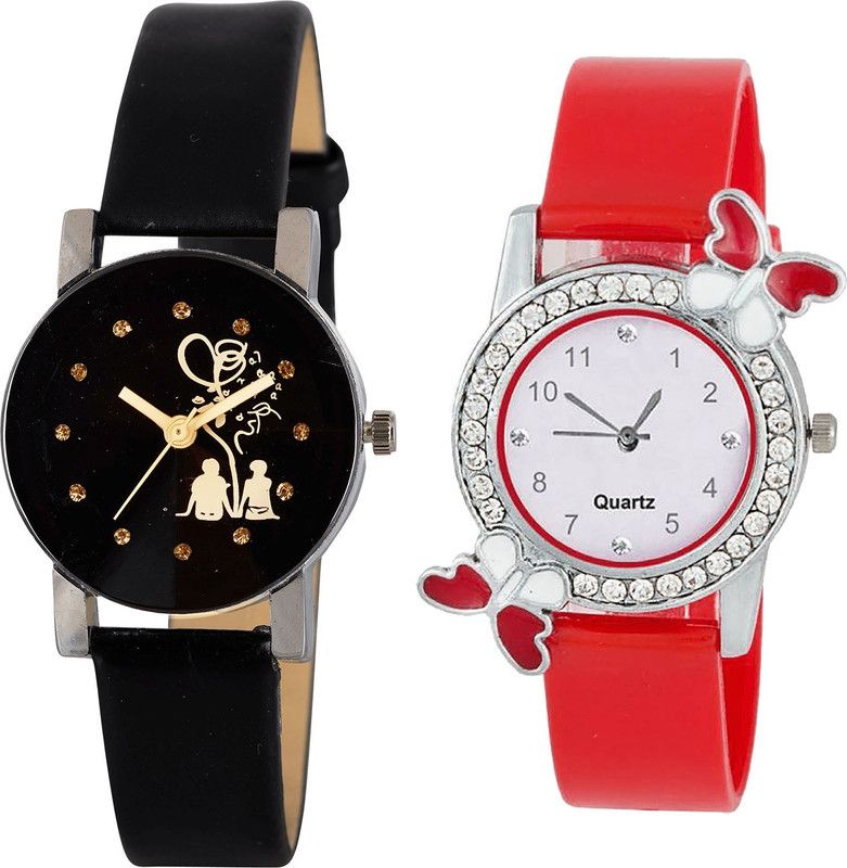 combo watch Analog Watch - For Girls Latest Style Love Valentine Couple And Butterfly Analogue Black And Red Color Girls And Women Watch - G389-G101 (Combo of 2 )