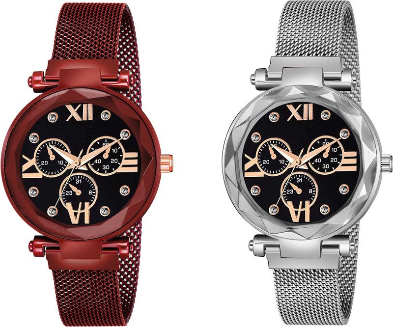 Analog Watch - For Girls New Fashion Roman Digit Black Dial Silver & Red Maganet Strap For Girl