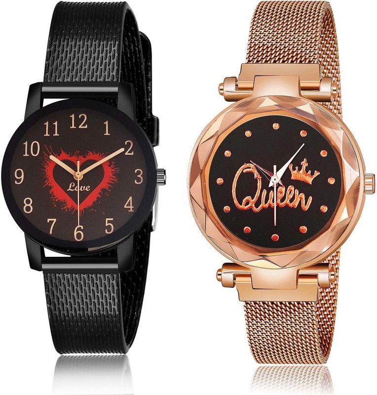 combo watch Analog Watch - For Girls Treading Heart I Love You And Queen Magnet Chain 2 Watch Combo For Girls And Women - G532-G538