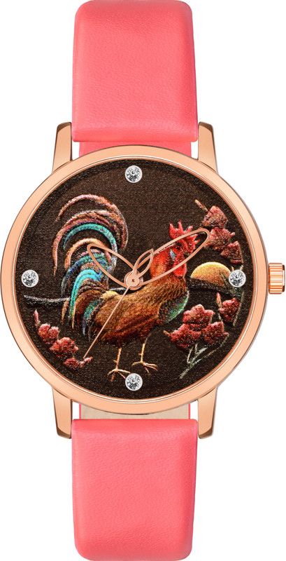 MT-368 Women Round Hen Design Dial Red Genuine Leather Belt Analog Watch - For Girls