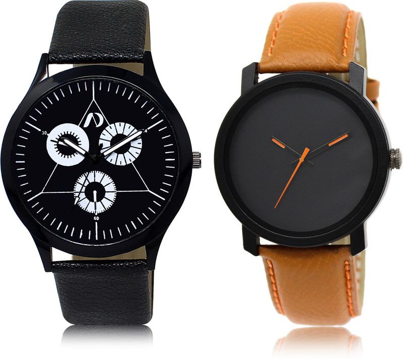 Stylish Look Combo Analog Watch - For Men & Women AD04-LR20 New Trendy Black-Orange Leather Strap
