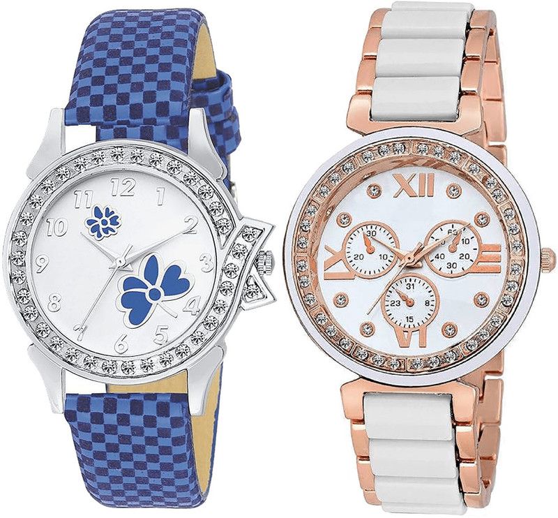 combo watch Analog Watch - For Girls Latest Present Flower Analogue Blue And White Color Girls And Women Watch - G127-G210 (Combo Of 2 )