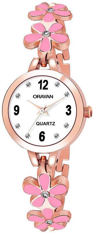 Analog White Dial Pink Flower Crystal Bracelet Strap Analog Watch - For Women OEWQZ3009
