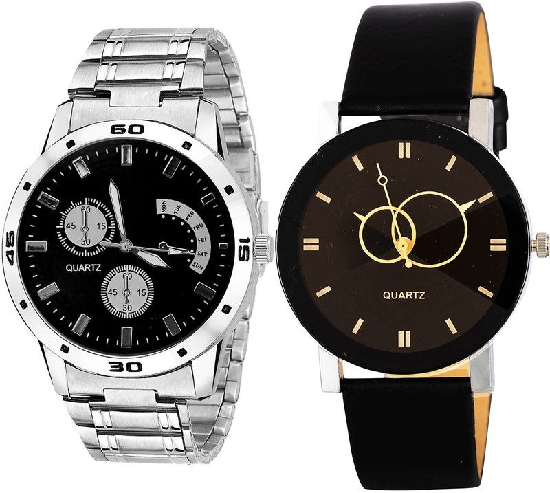 combo watch Analog Watch - For Girls Contemporary Collegian Geometric Design Analogue Silver And Black - B83-B135
