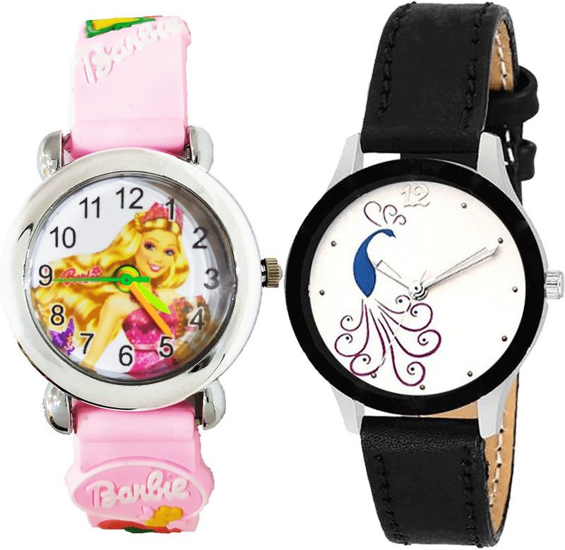 combo watch Analog Watch - For Girls Latest Heart Barbie Doll And Peacock Analogue Pink And Black Color Girls And Women Watch - G321-G271 (Combo of 2 )