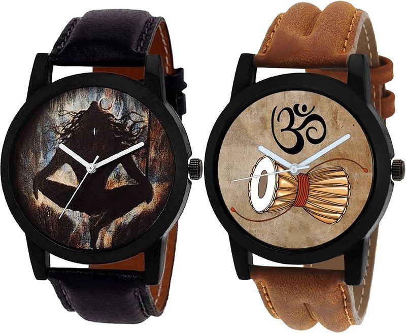 combo watch Analog Watch - For Girls Modern Party Wedding Mahadev And Damru Analogue Black And Brown Color Boys And Men Watch - B24-B25 (Combo Of 2 )