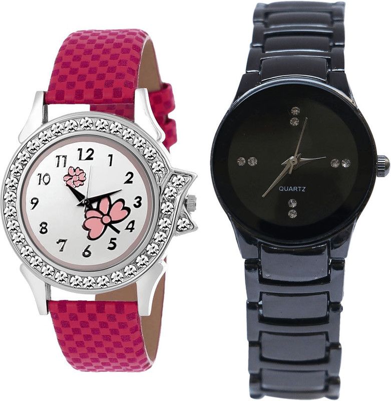 combo watch Analog Watch - For Girls Brand New Technology Flower Analogue Pink And Black Color Girls And Women Watch - G128-G206 (Combo Of 2 )