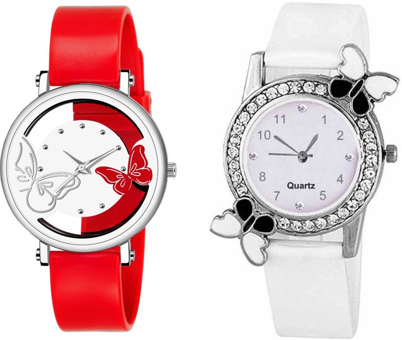 Analog Watch - For Women New Arrival White Color Dual Batterfly With White Color Single Btterfly Heart Combo