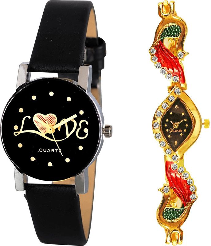 combo watch Analog Watch - For Girls Modern Luxury Love Valentine And Peacock Analogue Black And Gold Color Girls And Women Watch - G390-G117 (Combo of 2 )