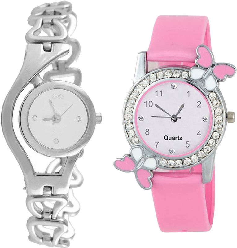 combo watch Analog Watch - For Girls Latest Rich Chain And Butterfly Analogue Silver And Pink Color Girls And Women Watch - G70-G99 (Combo Of 2 )