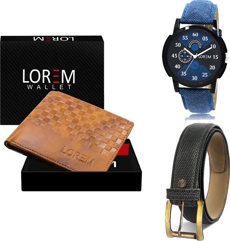 Men Combo Of Blue Watch-Beige Arificial Leather Wallet & Black Belt Analog Watch - For Men FZ-LR02-WL37-BT09-BKL05