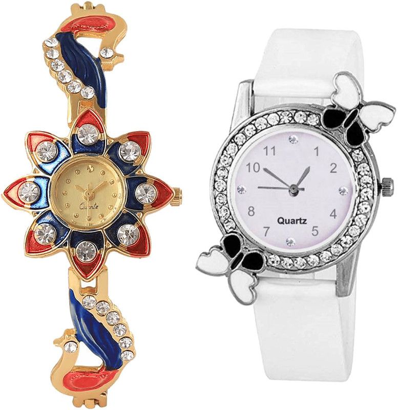 combo watch Analog Watch - For Girls New Diwali Peacock And Butterfly Analogue Gold And White Color Girls And Women Watch - G118-G102 (Combo Of 2 )