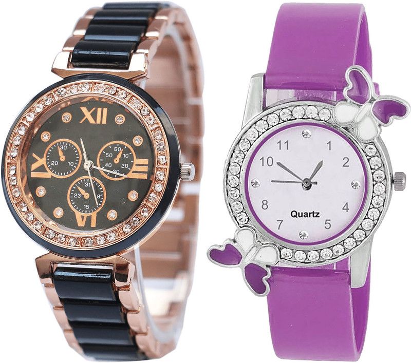 combo watch Analog Watch - For Girls Best High Quality Analogue Black And Purple Color Girls And Women Watch - G209-G100 (Combo Of 2 )
