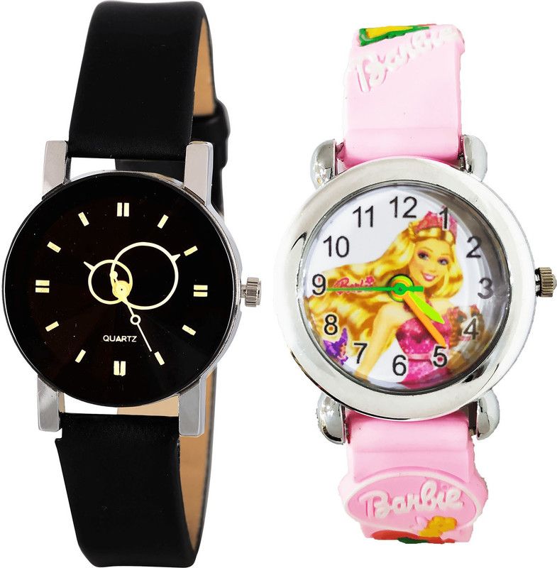 combo watch Analog Watch - For Girls Latest Luxury Geometric Design And Barbie Doll Analogue Black And Pink Color Girls And Women Watch - G386-G321 (Combo of 2 )